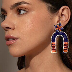 AUBURN Football Goalpost Seed Beaded Orange Navy Blue Rhinestone Earrings